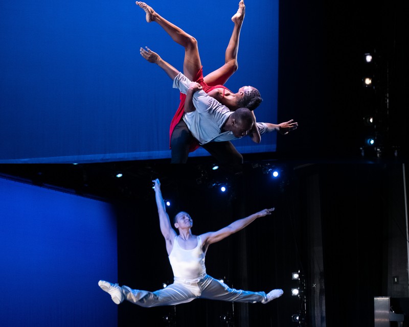 Top photo: Jacqueline Green lies on Jamar Roberts' back; Bottom photo: Clifton Brown flies through the air in a split